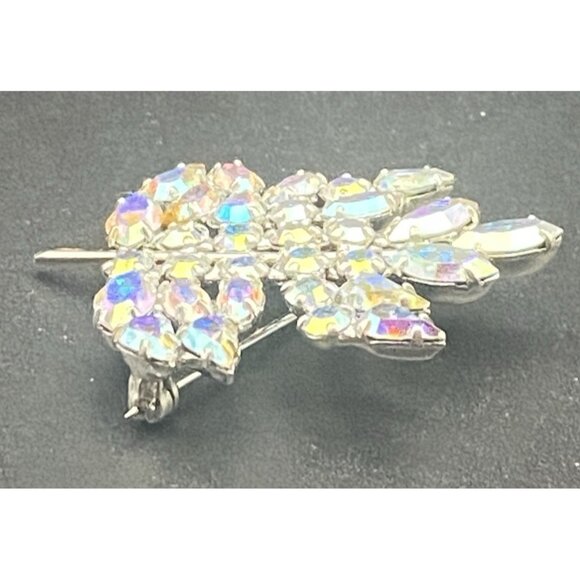Vtg B David Brooch Silver Tone Brilliant Aurora Borealis Figural Leaf Signed - Picture 4 of 7